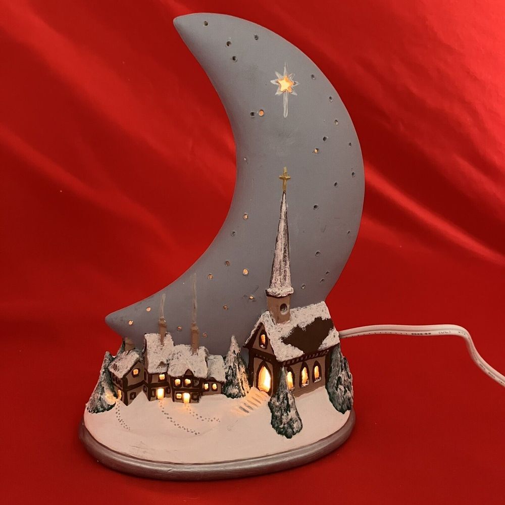 Gare Ceramic Silent Night Moon Scenic Christmas Winter‎ Snow Church  W/ Light #3
